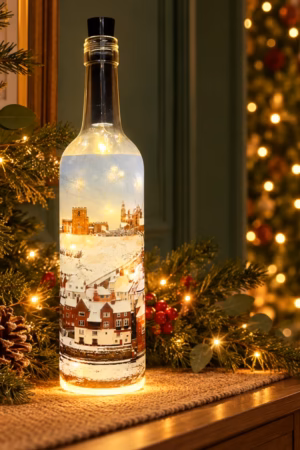 Old Whitby In The Snow Light Up Bottle Lit