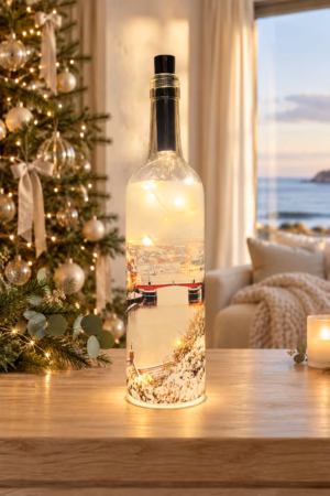Snow covered whitby Harbour Light Up Bottle Lit
