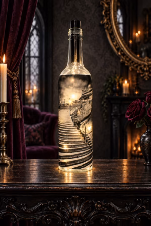 Moonrise over Whitbys 199 Steps Light Up Bottle Lit