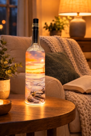 Dawn On Whitby beach Light Up Bottle On