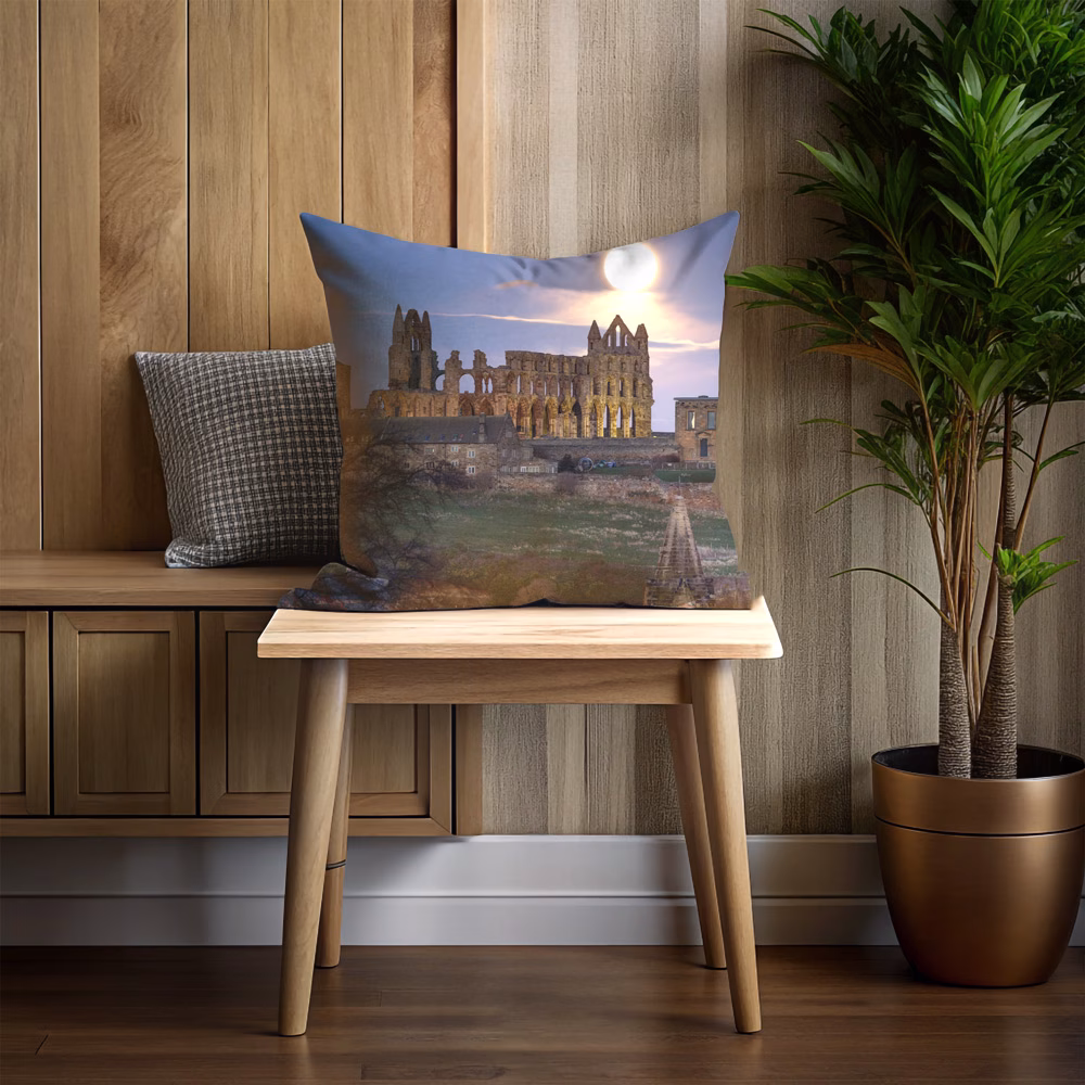 Whitby At Night Double Sided Velvet Cushion Moonrise Over Whitby Abbey Cushion