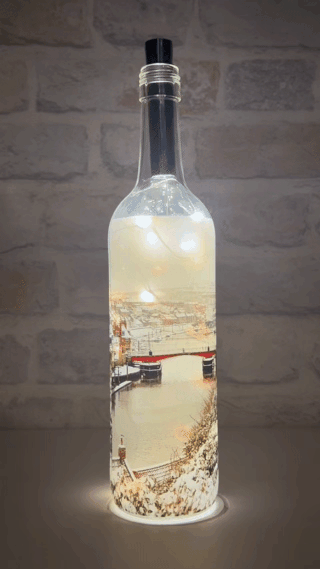 Snow covered whitby Harbour Light Up Bottle Video