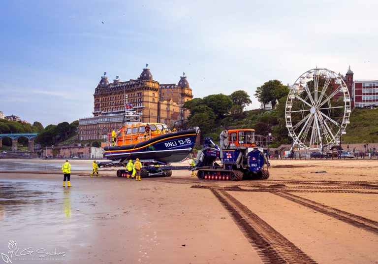 Scarborough South Bay Beach at Golden Hour with Lifeboat and The Grand