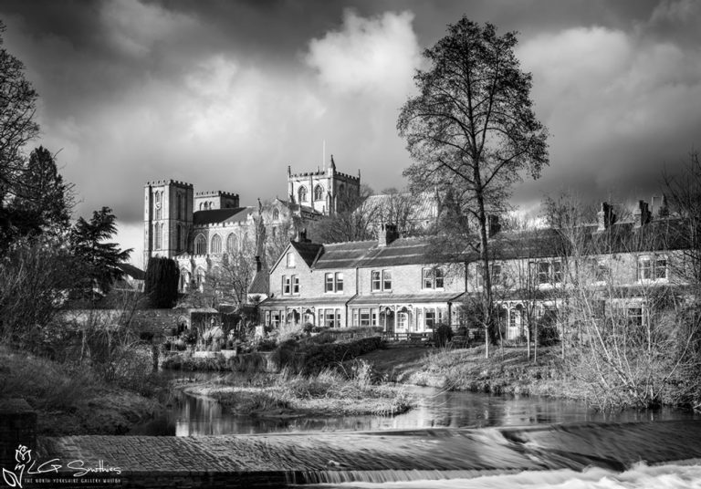 Black and White Ripon Cathedral and The River Skell Weir