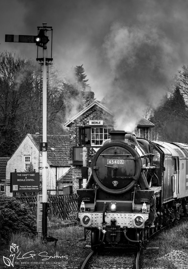 Steam Locomotive 45407 Lancashire Fusilier Ian Rileys LMS Black Five At Bedale Black and White