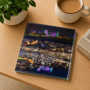 Illuminated Abbey Green and Purple Reflections Over The River Esk Glass Coaster Coffee Table Decor