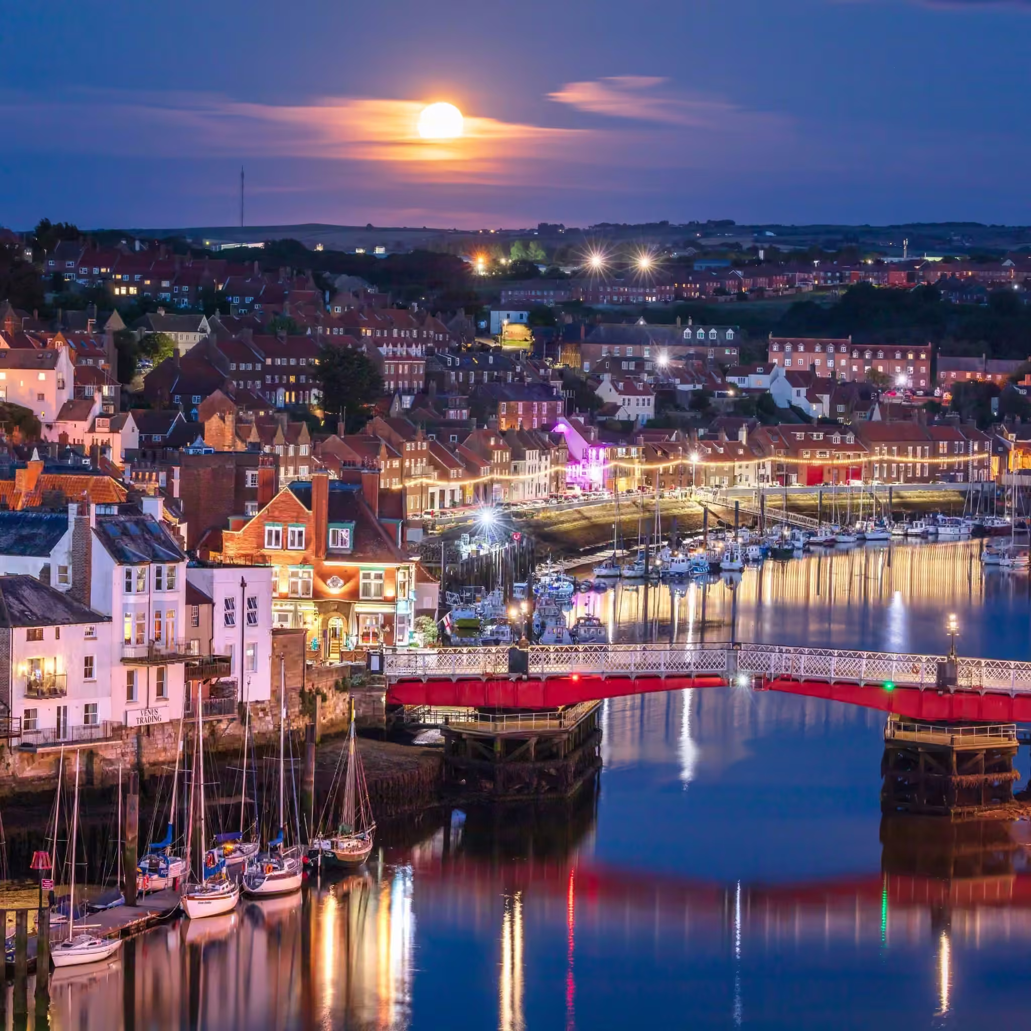 Moonrise Over Whitby Harbour And Swing Bridge Glass Coaster 2 Moonrise Over Whitby Harbour And Swing Bridge Glass Coaster Design