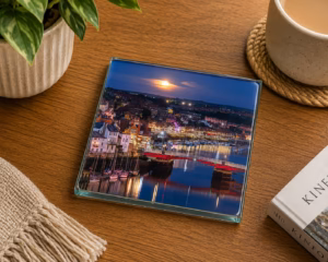 Moonrise Over Whitby Harbour And Swing Bridge Glass Coaster coffee table decor