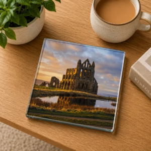 Whitby Abbey and Pond A Glow In A Winter Sunset Glass Coaster Coffee Table Decor
