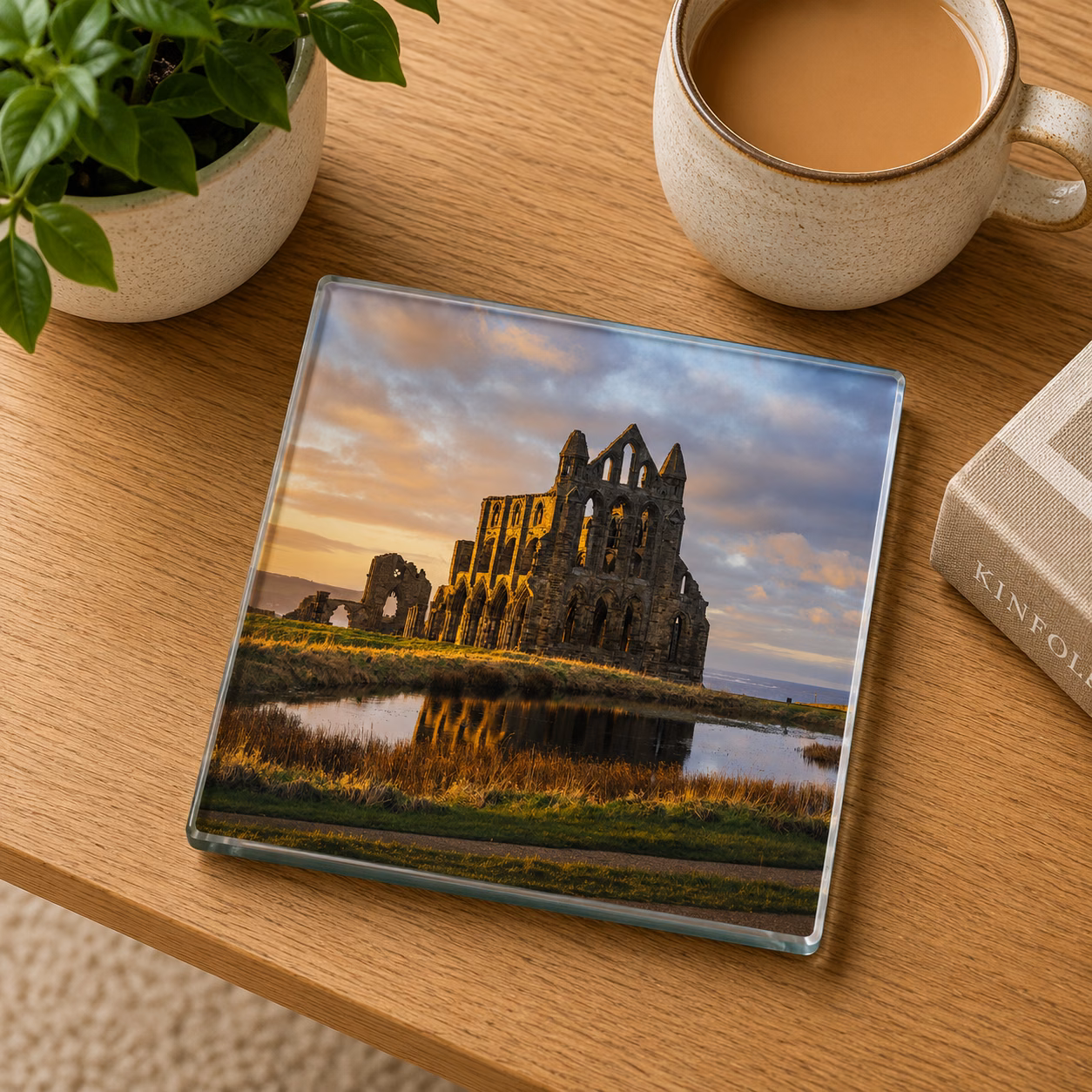 Whitby Abbey and Pond A Glow In A Winter Sunset Glass Coaster 1 Whitby Abbey and Pond A Glow In A Winter Sunset Glass Coaster Coffee Table Decor