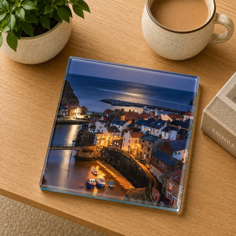 Snow Moonrise Over Staithes Harbour Glass Coaster Coffee Table Decor