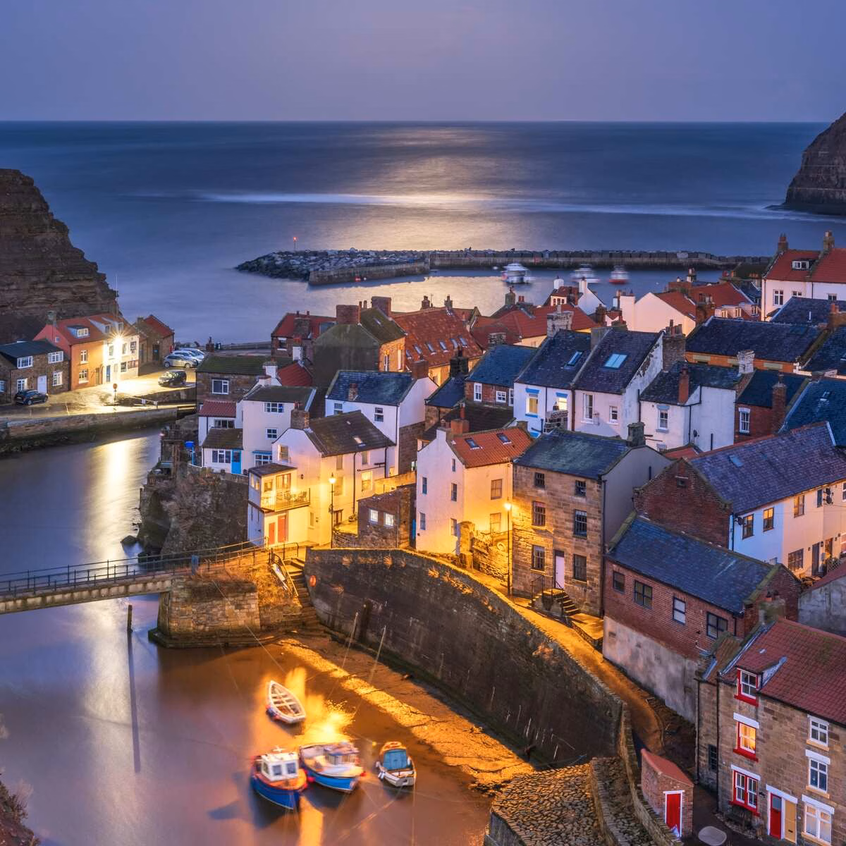 Snow Moonrise Over Staithes Harbour Glass Coaster Design 2 Snow Moonrise Over Staithes Harbour Glass Coaster Design