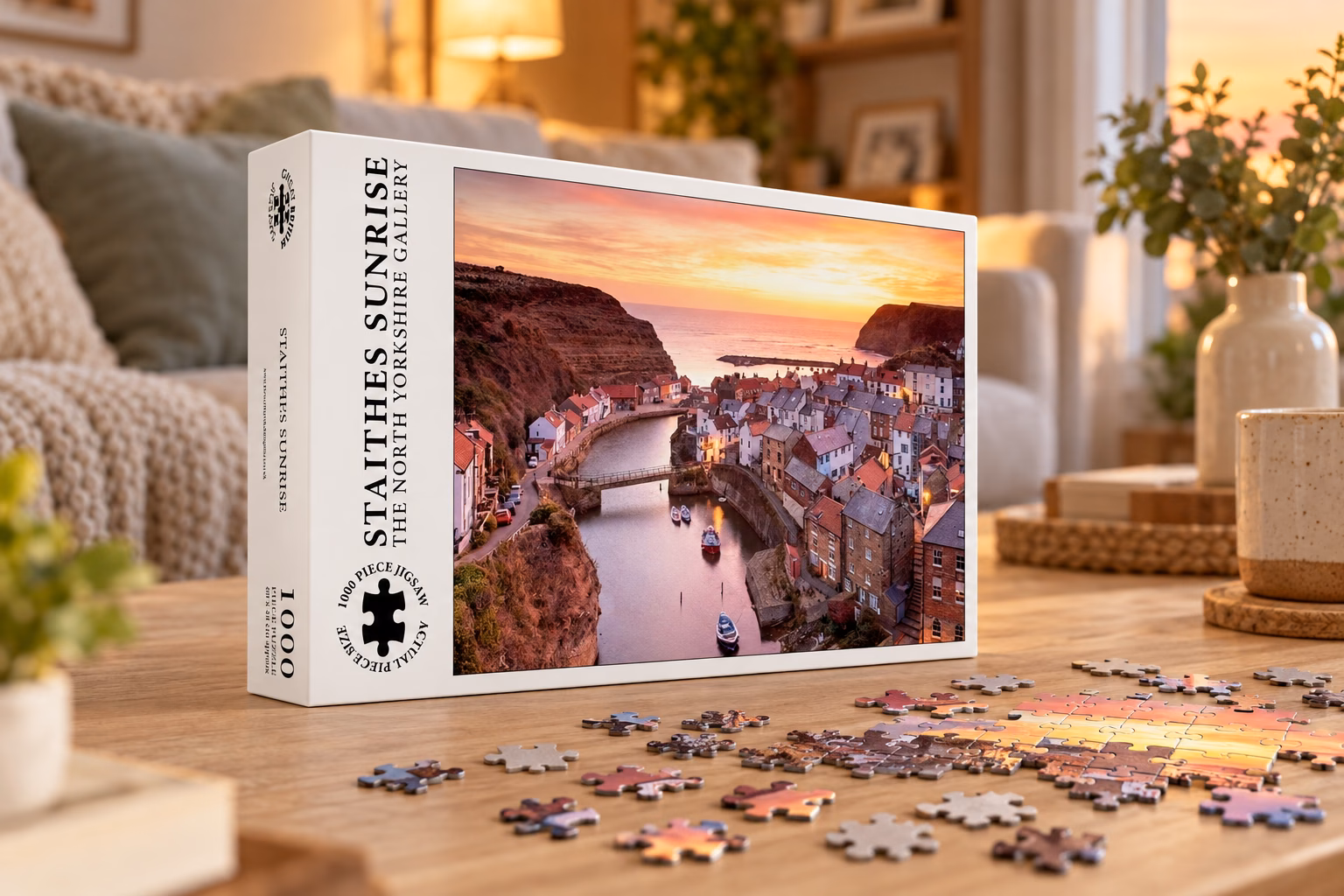 Staithes Sunrise 1000-Piece Jigsaw on Display Staithes Sunrise jigsaw box on a coffee table with loose puzzle pieces