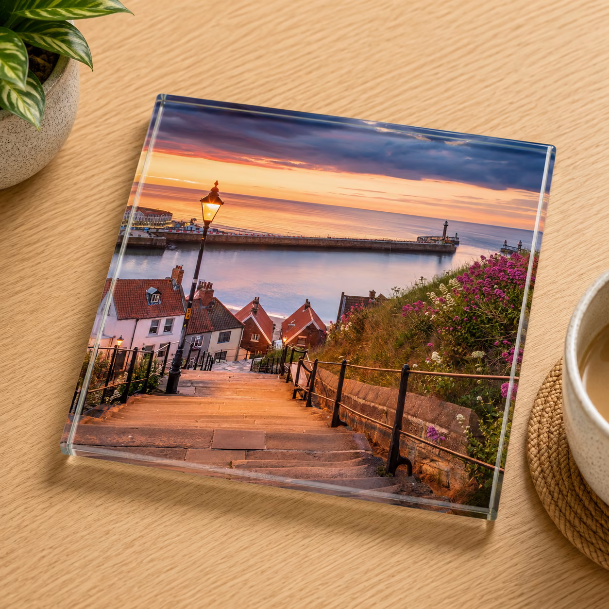 Sunset On Whitbys 199 Steps Glass Coaster 1 Sunset On Whitby 199 Steps Glass Coaster Coffee Table Decor