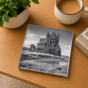Whitby Abbey Black And White Glass Coaster Coffee Table Decor