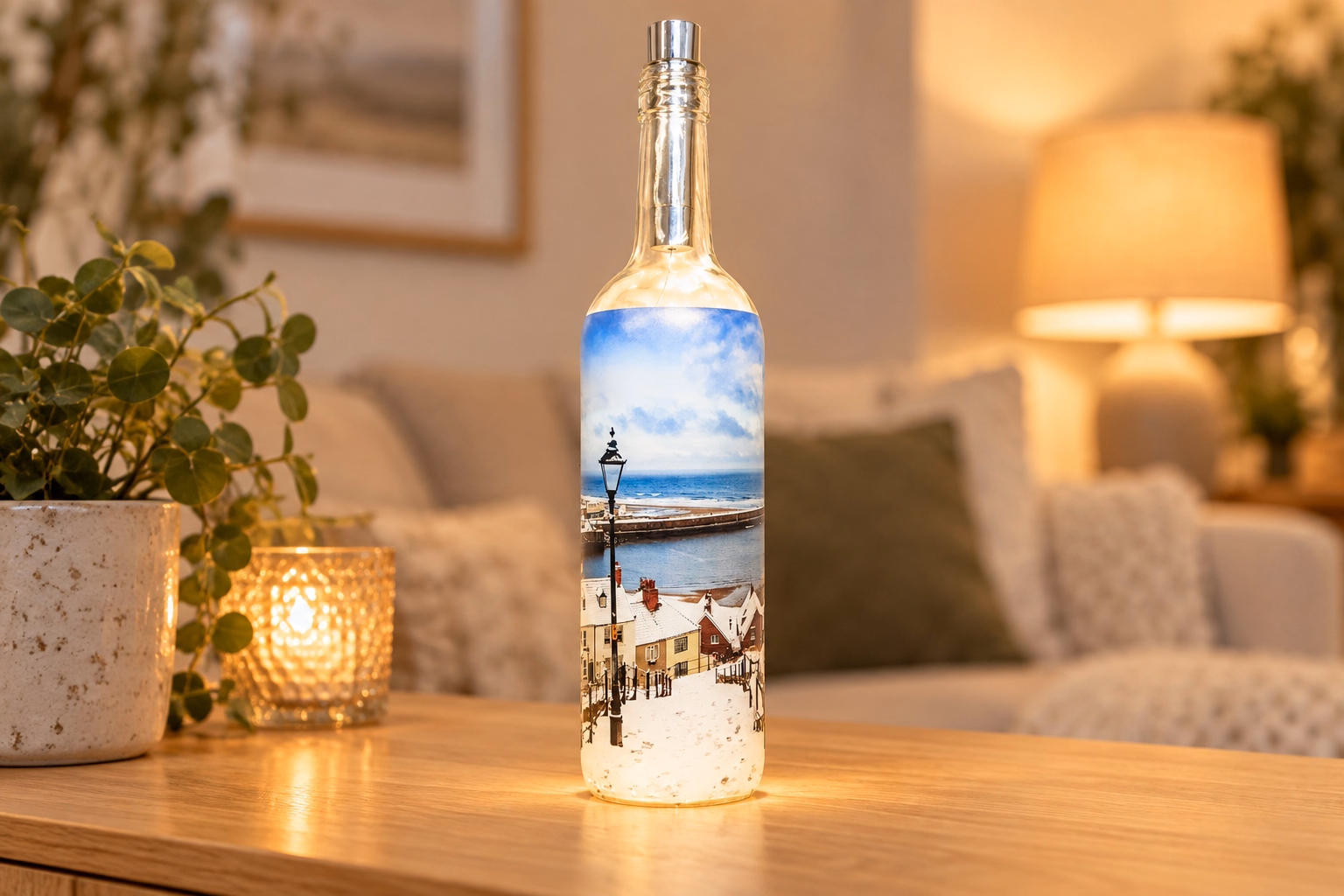 Whitby-Snow-Light-Up-Bottle-Lifestyle-Landscape Whitby Steps in the Snow light-up bottle displayed in a living room