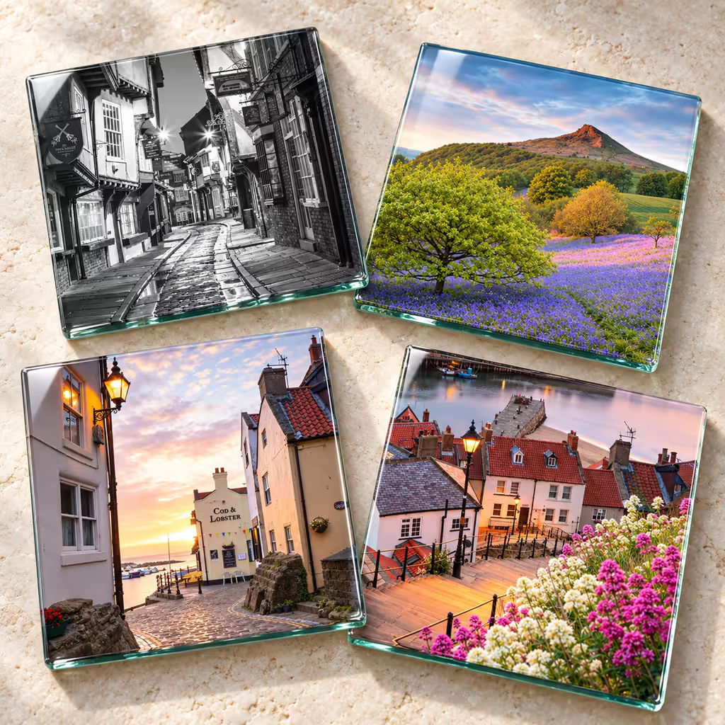 Yorkshire Gifts Glass Coasters Four glass coasters featuring Whitby, Staithes, Roseberry Topping and York photographs