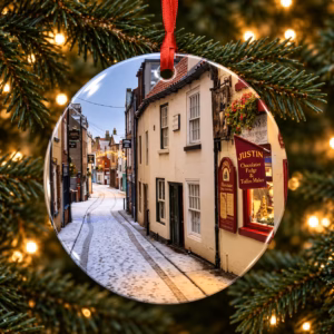 Home 2 Whitby Christmas bauble featuring Church Street covered in snow with festive lights and glowing shop windows