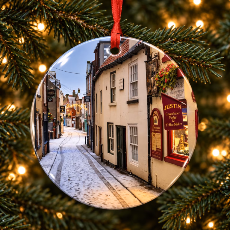 Whitby Christmas bauble featuring Church Street covered in snow with festive lights and glowing shop windows
