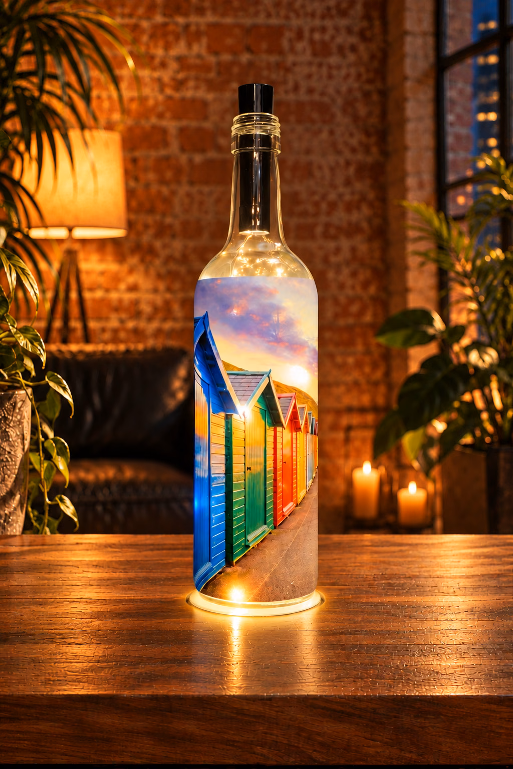 Whitby Beach Huts At Dusk light up bottle 1 Whitby Beach Huts At Dusk light up bottle Lit