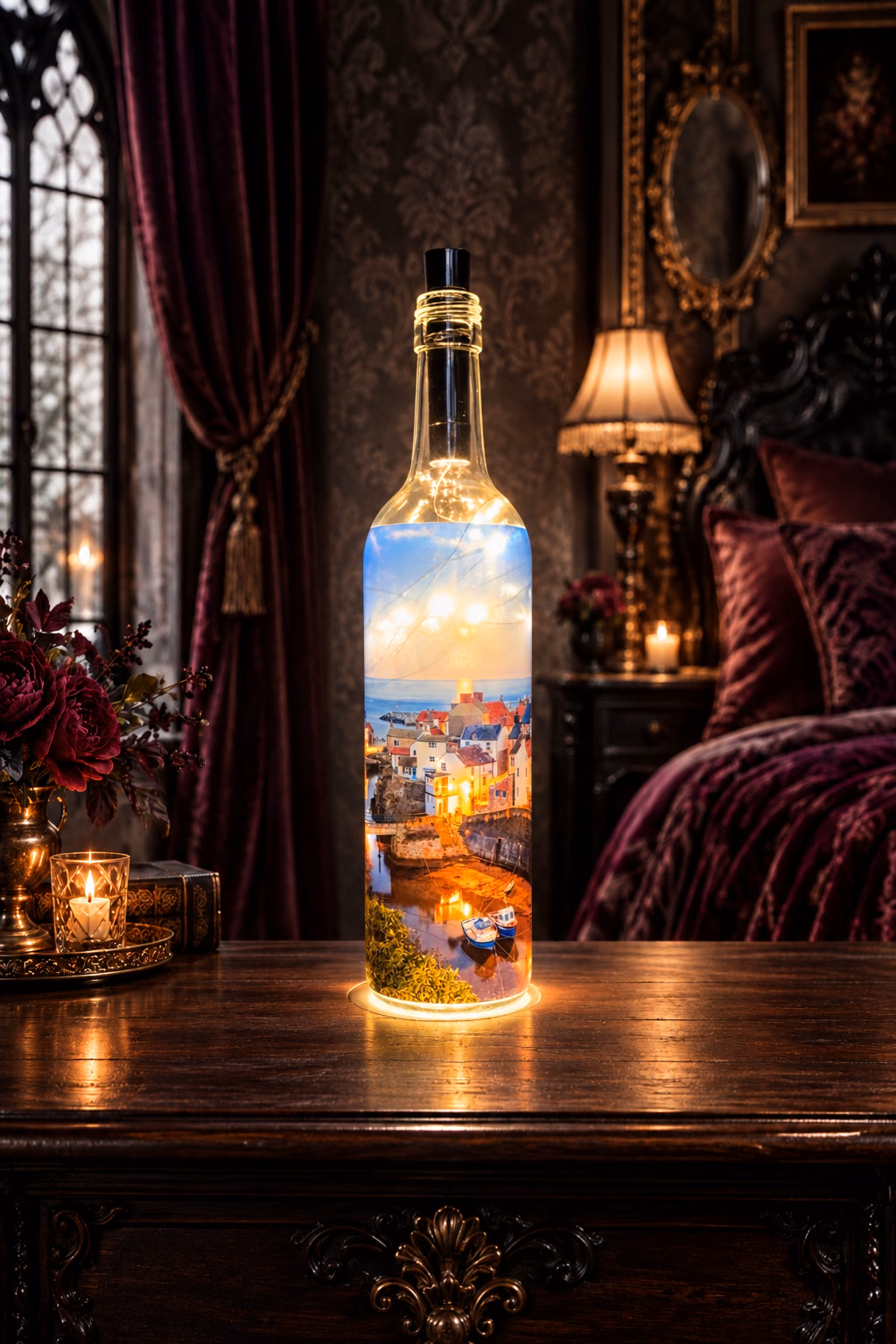 Moonrise Over Sleepy Staithes Light Up Bottle 1 Moonrise Over Sleepy Staithes Light Up Bottle Lit