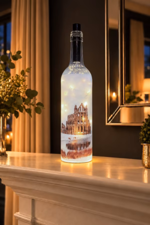 Snow at Whitby Abbey Light Up Bottle Lit