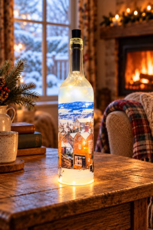 Robin Hoods Bay Snow Light Up Bottle Lit