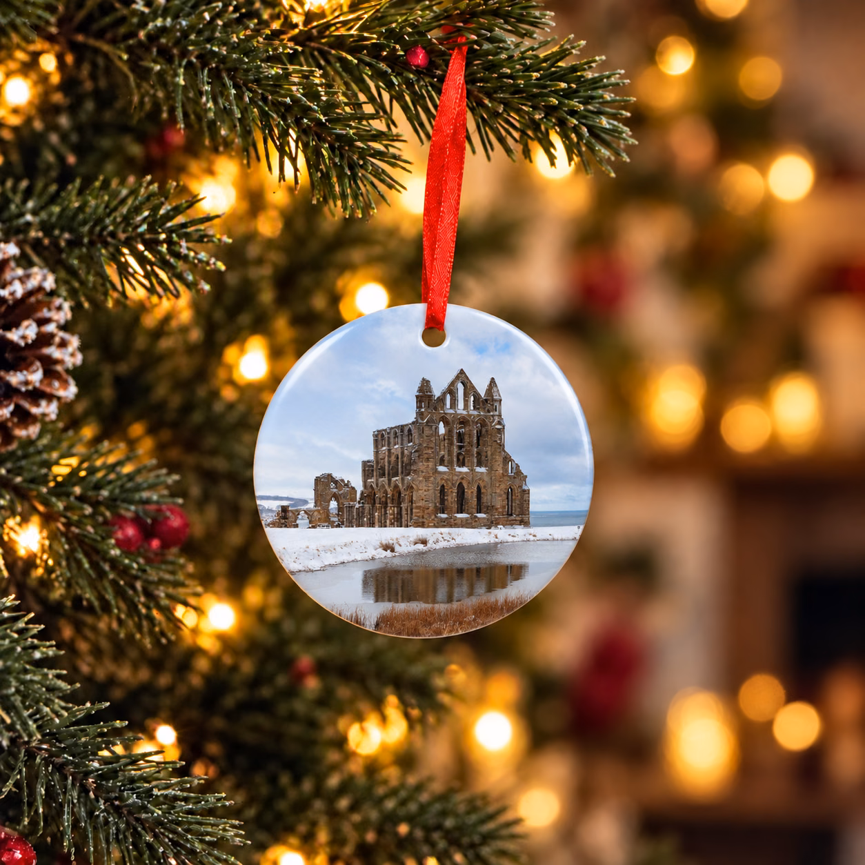 Whitby Abbey in the Snow Double-Sided Christmas Bauble – Abbey & Khyber Pass 1 Whitby Abbey Christmas bauble featuring Whitby Abbey covered in snow