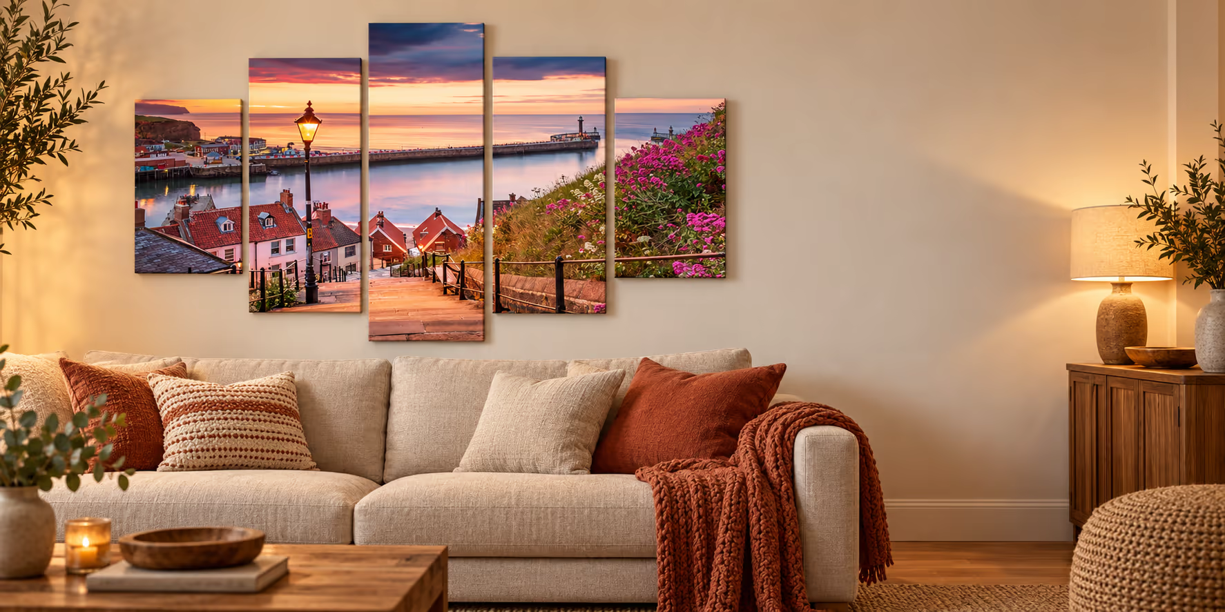 Five-piece Whitby sunset canvas wall art above a sofa in a cosy living room