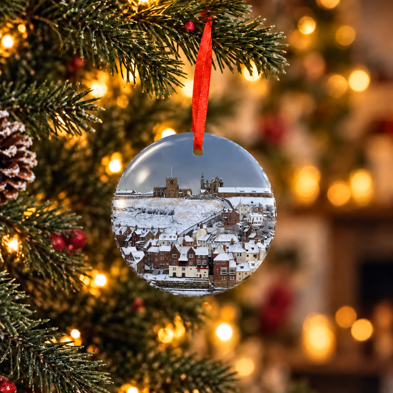 Whitby Abbey in the Snow Double-Sided Christmas Bauble – Abbey & Khyber Pass 2 Whitby Christmas bauble showing the snowy Abbey, 199 Steps and St Mary’s Church across the River Esk from Khyber Pass